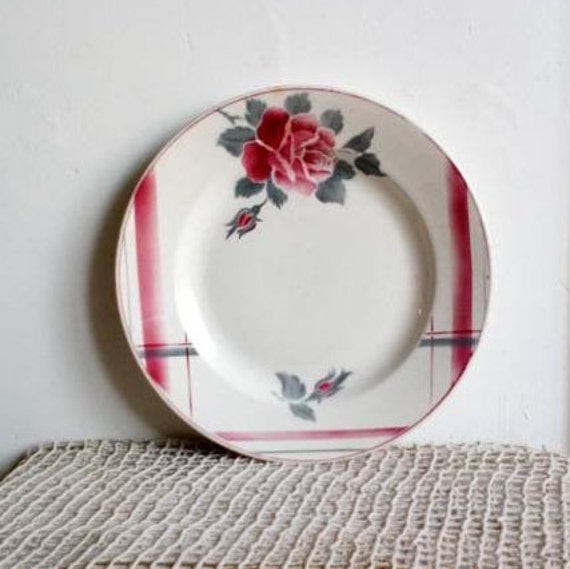 Grande Plaque Digoin La Rose Design avec Rouge et Gris, Français Des Années 1940,