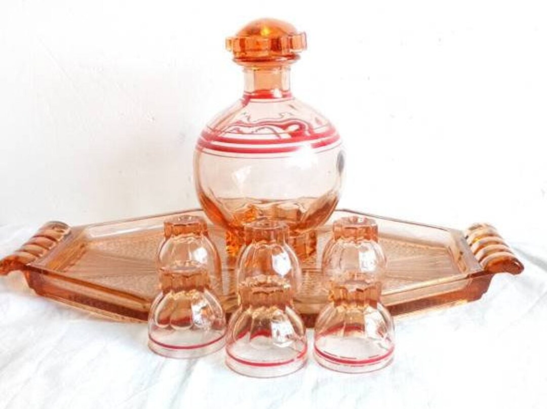 Pink Glass Decanter and Tiny Glasses on Tray, French Vintage Glass, Etsy