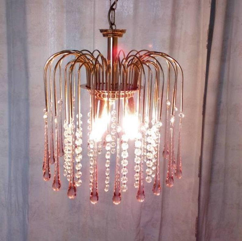 Blush Pink Glass Chandelier French 1980s Cascade Lighting With Crystal Swags And Drops
