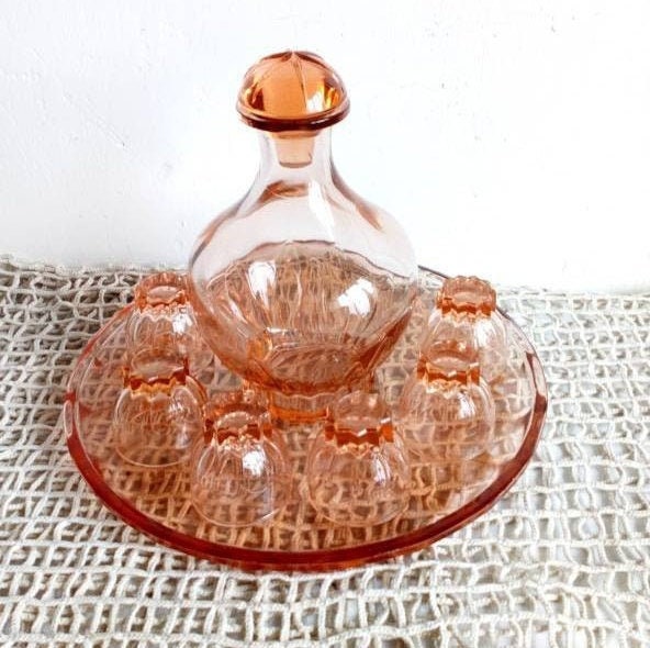 Carafe en Verre Rose avec Verres et Plateau, Vintage Français Liqueur Carafe, Cadeau Pour Femme
