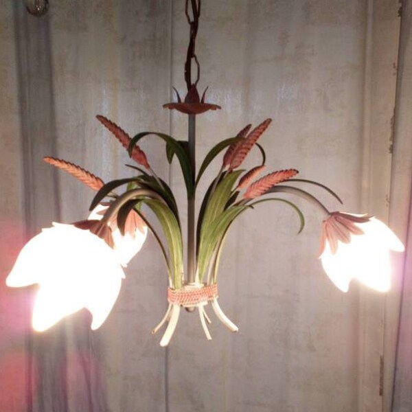 French Chandelier with Pink Wheatsheaves and Green Foliage Toleware and Glass Tulip Shades, Country Cottage Chic Lighting