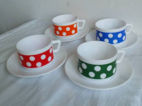 Polka Dots Arcopal Espresso Cups, Mid Century Modern, Vintage Français