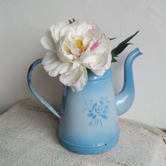 Cafetière en Émail Bleu Pastel, Petite Cruche Métal, Décor Vintage Français Country Farm