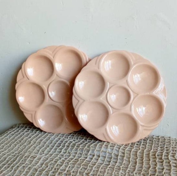 Antique Français Pink Oyster Plates Paire, Plateaux de Fruits Mer Art Déco,