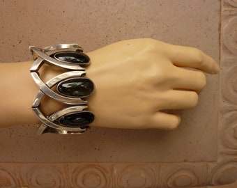 Vintage 1950s Antonio Pineda Taxco Mexico Obsidian 970 Sterling Silver Bracelet