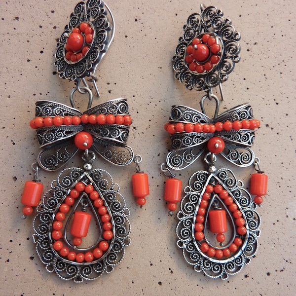 Gorgeous Vintage Federico Jimenez Mexico Coral Sterling Silver Filigree Chandelier Pierced Earrings