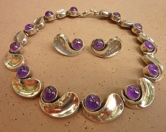 Fabulous Vintage 1950s Modernist Antonio Pineda Taxco Mexico Sterling Silver Comma Amethyst Necklace & Earrings Set