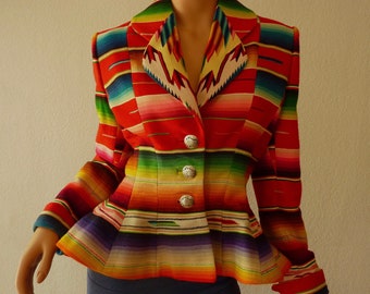New Taylored One of a Kind Vintage 1930s Serape Hand Tailored Lilli Ann Pattern Mexican Taxco Sterling Silver Button Peplum Blazer Jacket