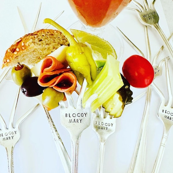 Bloody Mary Forks, Hair of the Dog, Cocktail Fork, Personalized Pickle Fork, Hostess Gift, Bloody Mary Kit, Hand Stamped Fork, Vintage
