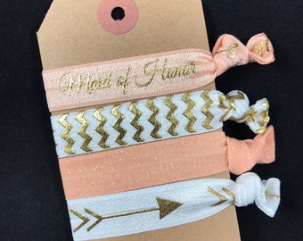 Hair Tie Favor - Bridesmaid gift - Bachelorette gift - Wedding Favor - Will you be my gift (Coral & Gold)