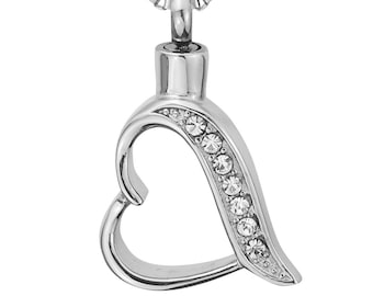Crystal Wave Heart Urn Pendant Necklace - Memorial Ash Keepsake Jewellery - Personalised Engraved