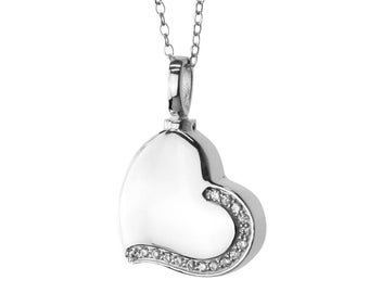 Solid Sterling Silver Heart with Crystals Memorial Keepsake Cremation Ashes Urn Pendant Necklace with Optional Engraved Personalisation