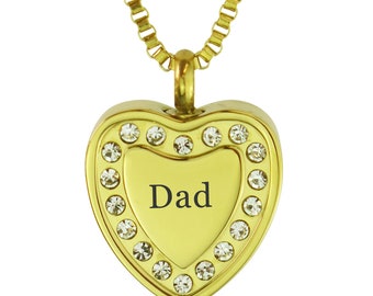 Crystal Dad Gold Heart Urn Pendant - Memorial Ash Keepsake Jewellery - Personalised Engraved