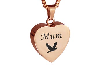 Mum Dove Heart Rose Gold Urn Pendant Necklace - Memorial Ash Keepsake Cremation Jewellery