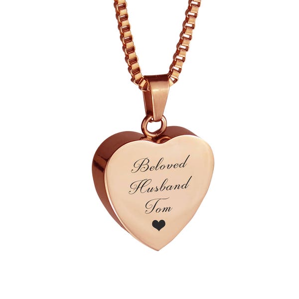 Personalised Husband Heart Rose Gold Urn Pendant Necklace - Memorial Ash Keepsake Cremation Jewellery