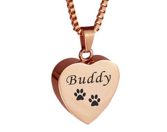 Personalised Pet Cat Dog Paw Print Heart Rose Gold Urn Pendant Necklace - Memorial Ash Keepsake Cremation Jewellery