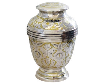 Large Silver and Gold Vintage Pattern Urn for Adult or Pet Dog Ashes Funeral Cremains Memorial