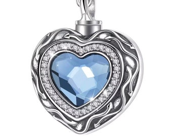 Sterling Silver Blue Crystal Heart Cremation Ashes Urn Pendant Necklace - Sterling Silver