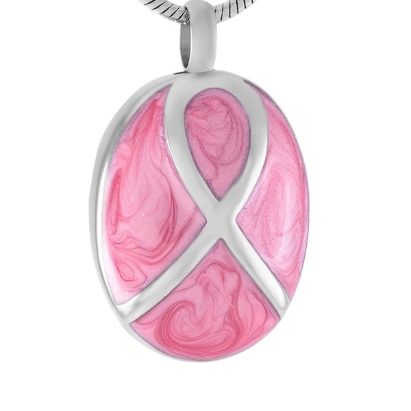 Silver and Pink Breast Cancer Ribbon Urn Pendant - Memorial Ash Keepsake Jewellery - Personalised Engraved