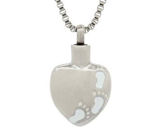 Foot prints on Heart Urn Pendant - Memorial Ash Keepsake Jewellery - Personalised Engraved