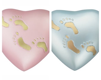 Baby Pink  or Blue Footprints Heart Urn Keepsake for Ashes Cremation Memorial Cremains with Optional Personalisation