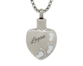 Personalised Foot Prints On Heart Urn Pendant - Memorial Ash Cremation Keepsake - Personalised Engraved