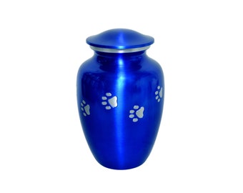 Blue Pet Urn with Silver Paws for Dog Cat Cremation Ashes Cremains Memorial
