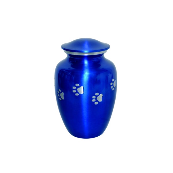 Blue Pet Urn with Silver Paws for Dog Cat Cremation Ashes Cremains Memorial