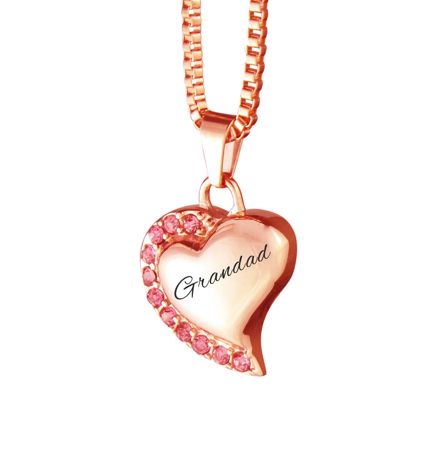 Grandad Rose Gold Heart Pink Crystals Urn Pendant Necklace Cremation Jewellery 