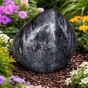 Op de afbeelding: Een grote, gladde, donkergrijze steen met witte aderen, geplaatst in een tuinbed. De steen heeft een afgeronde vorm en een gepolijste uitstraling. Kleurrijke bloemen, waaronder paarse, roze en gele bloemen, omringen de steen en creëren een natuurlijk, decoratief element.