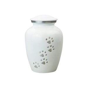 White Pet Urn with Silver Paws for Dog Cat Cremation Ashes Cremains Memorial