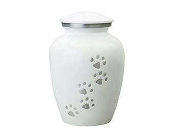 White Pet Urn with Silver Paws for Dog Cat Cremation Ashes Cremains Memorial