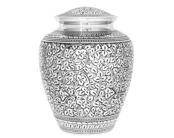 Large Silver Vintage Urn for Adult or Pet Ashes Cremains Memorial Funeral