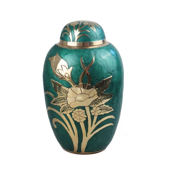 Large Brass Green and Gold Flower Urn for Adult or Pet Dog Ashes Cremains Memorial