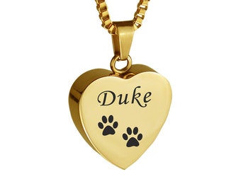 Personalised Pet Cat Dog Paw Print Heart Gold Urn Pendant Necklace - Memorial Ash Keepsake Cremation Jewellery