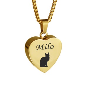 Personalised Cat Heart Gold Pet Urn Pendant Necklace - Memorial Ash Keepsake Cremation Jewellery
