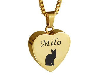 Personalised Cat Heart Gold Pet Urn Pendant Necklace - Memorial Ash Keepsake Cremation Jewellery