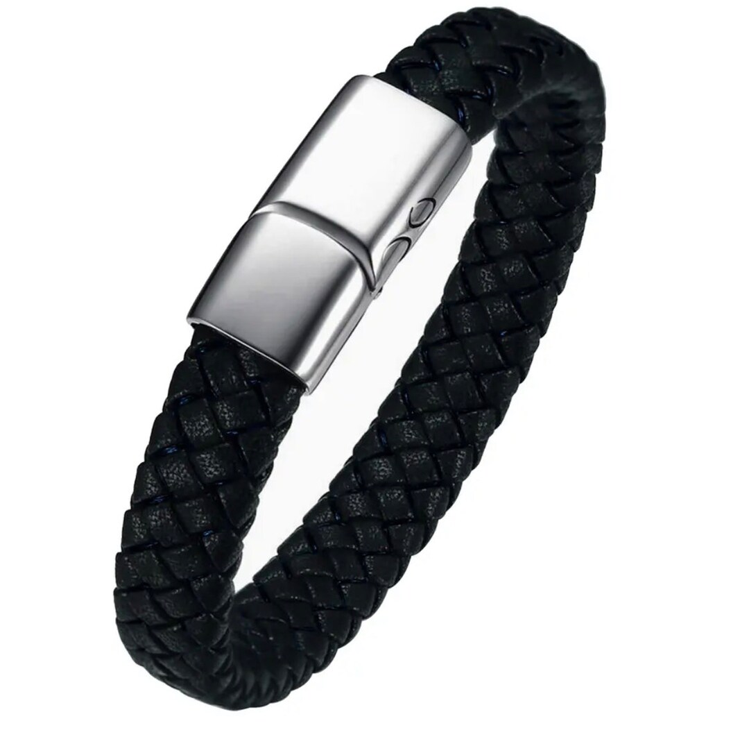Unisex Black Leather and Silver Urn Bracelet - Memorial Ash