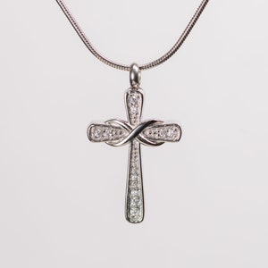 Silver Crystal Cross with Silver Infinity Urn Pendant - Memorial Ash Keepsake Jewellery - Personalised Engraved