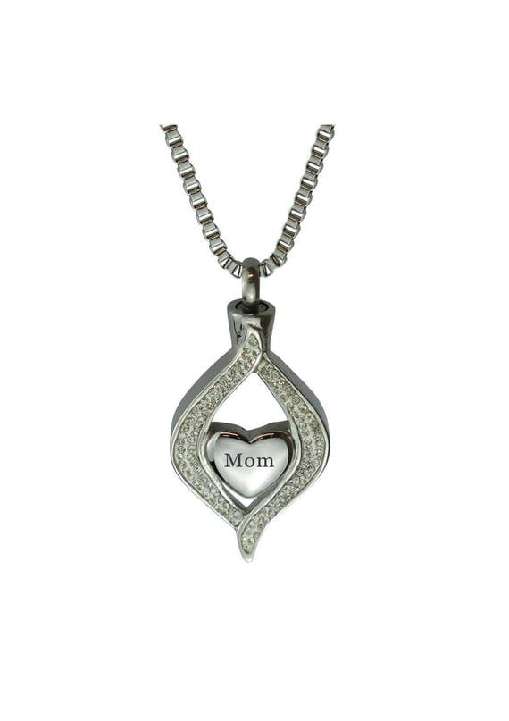 Diamond Mom Heart Urn Pendant Necklace Memorial Ash Keepsake