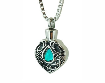 Celtic Green Crystal Urn Pendant Necklace - Memorial Ash Keepsake - Cremation Jewellery - Personalised Engraving!
