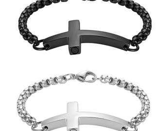 Silver Cross Stainless Steel Link Chain Urn Bracelet, Cremation Ashes Memorial Jewellery, Personalised Keepsake Sympathy Gift