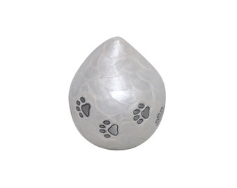 White Enamel Pet Teardrop Urn with Silver Paws for Dog Cat Cremation Ashes Cremains