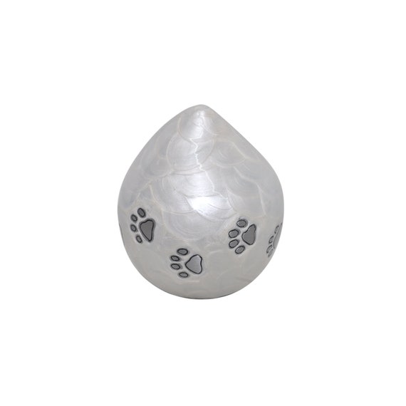White Enamel Pet Teardrop Urn With Silver Paws for Dog Cat