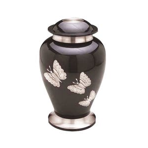 Large Silver Butterfly Black Urn for Adult or Pet Dog Ashes Cremains Memorial - Optional Personalisation