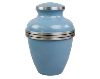 Baby Blue and Silver Hand Painted Aluminium Urn Ash Cremation Memorial Keepsake with Optional Personalisation