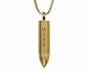 Colgante de urna de oro con forma de bala para esposa - Joya de recuerdo para cenizas - Grabado personalizado