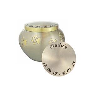 Personalised Paw Pet Urn in Silver and Gold for Dog Cat Ashes Cremation Memorial