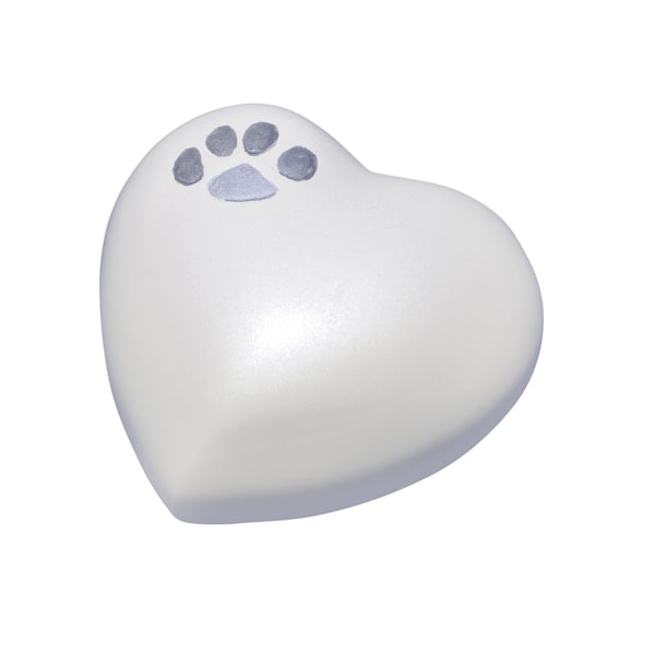 Urna con forma de corazón blanco con huella de pata para cenizas de perro o gato