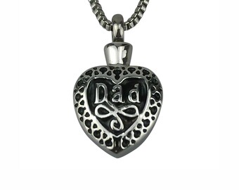 Dad Heart Urn Pendant - Memorial Ash Keepsake Jewellery - Personalised Engraved